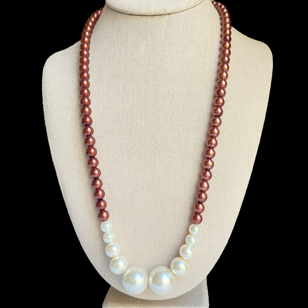 Chocolate and white glass faux pearl necklace in graduated continuous strand